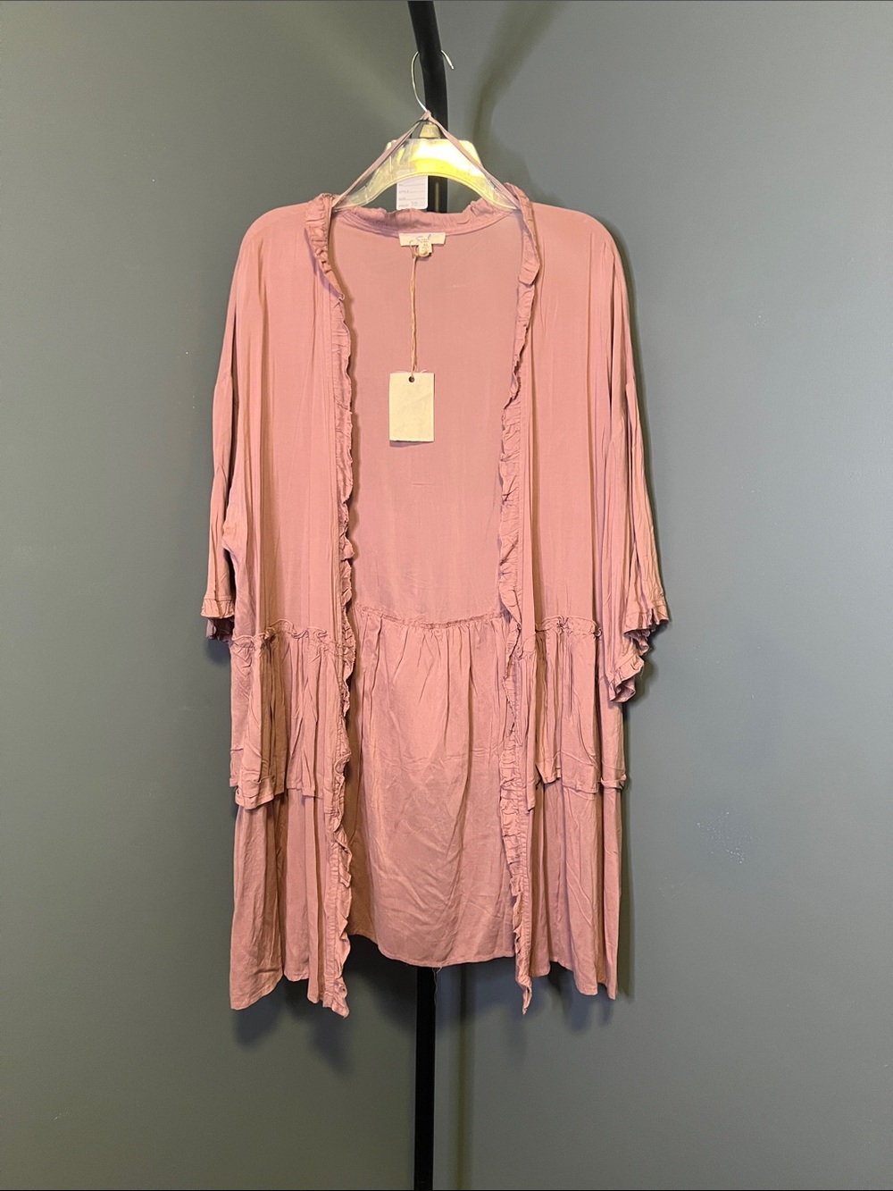 easel Oversized Dusty Rose Ruffle Open Front Lightweight Cardigan